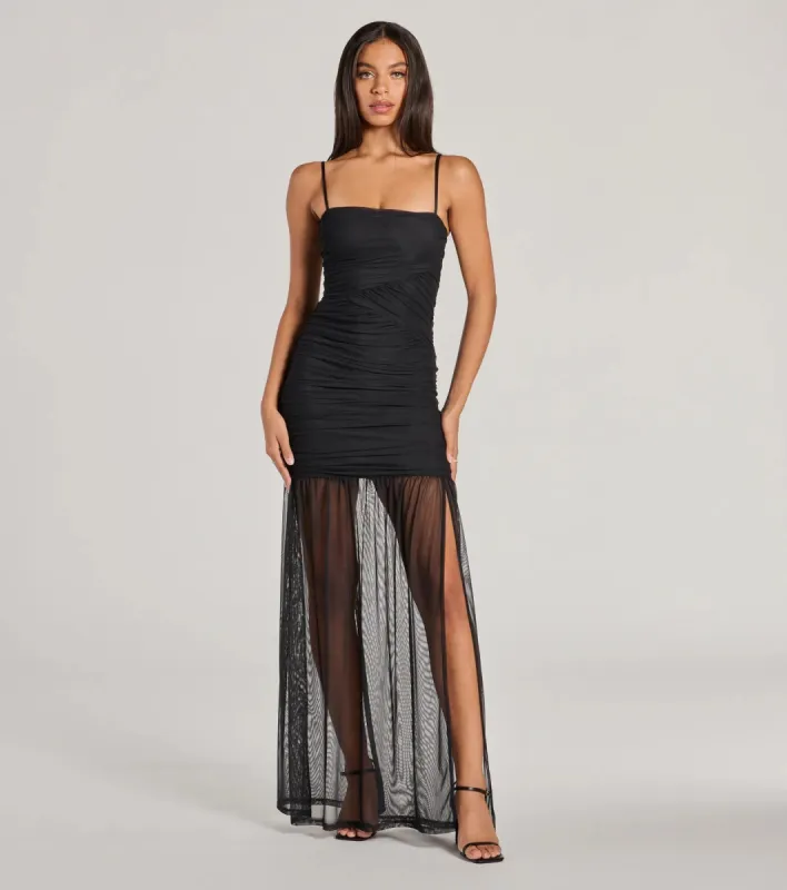 Striking Impression Sleeveless Slit Mesh Maxi Dress sold by Windsor