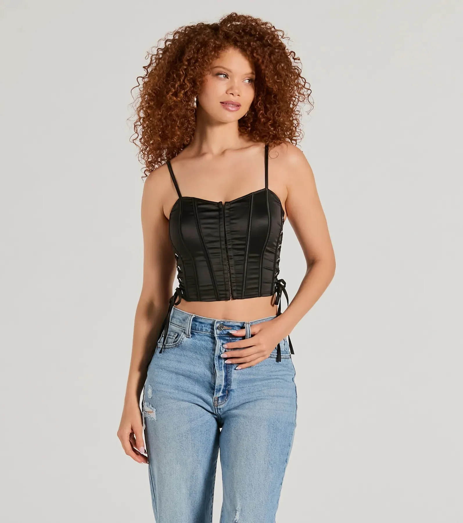 Love It Lace-Up Satin Cropped Corset Top sold by Windsor