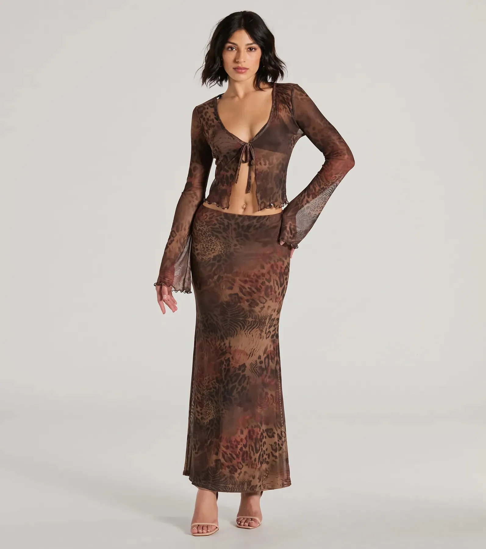 Wildly Sultry Tie-Front Leopard Rose Mesh Crop Top sold by Windsor product image thumbnail 3