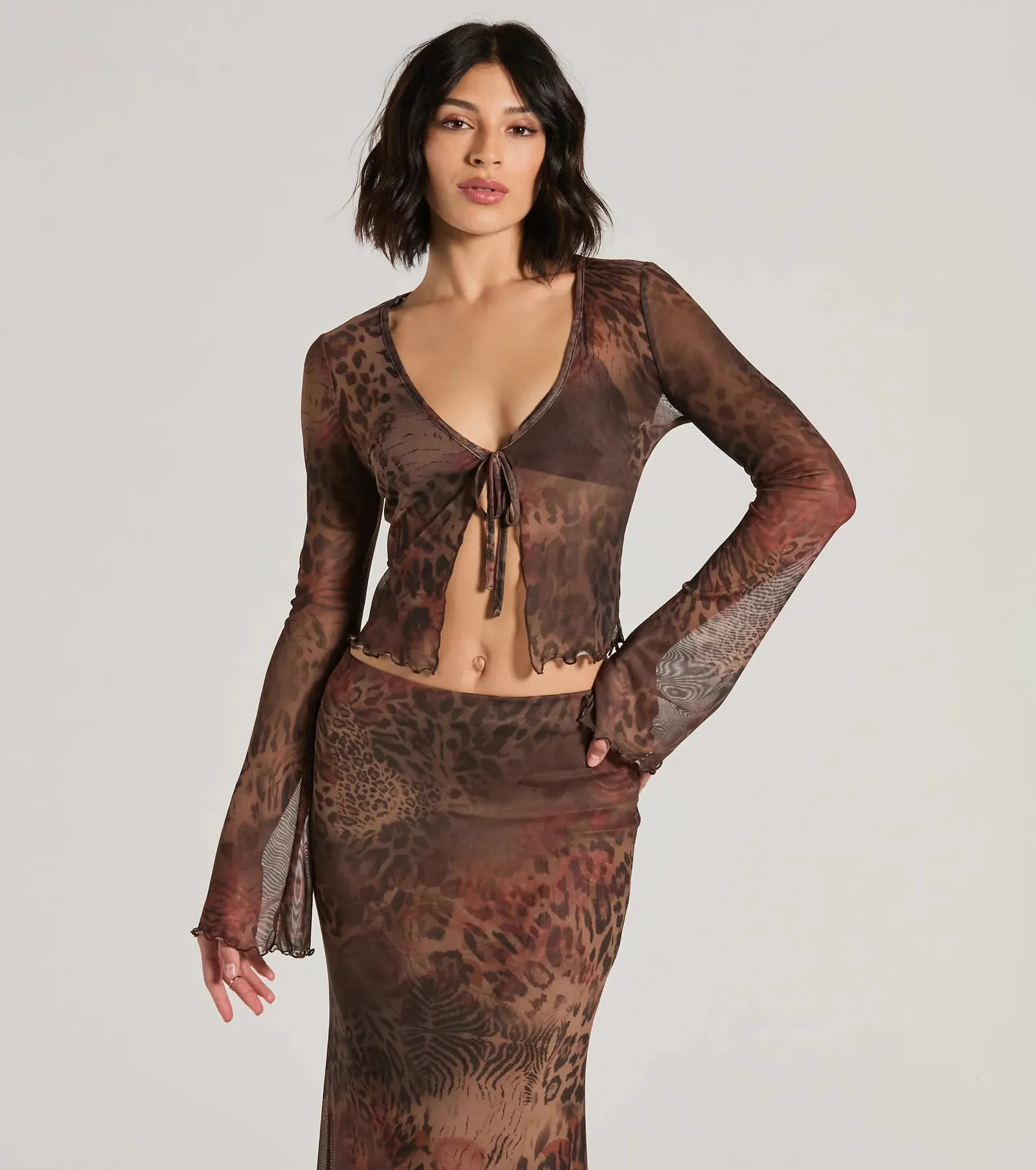 Wildly Sultry Tie-Front Leopard Rose Mesh Crop Top sold by Windsor