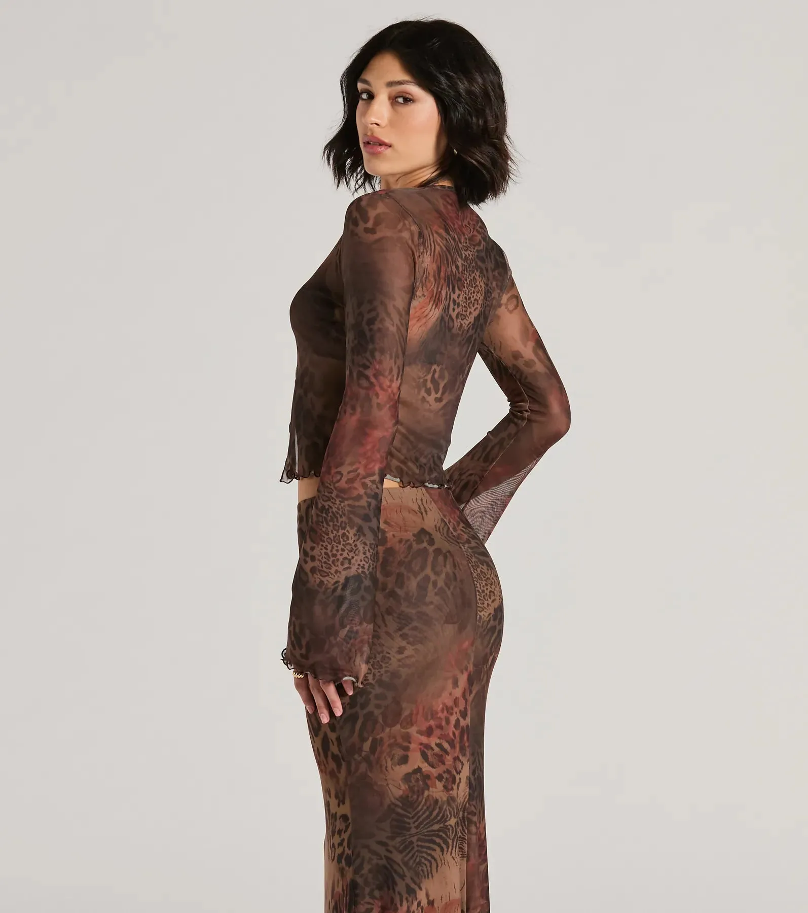 Wildly Sultry Tie-Front Leopard Rose Mesh Crop Top sold by Windsor product image thumbnail 2