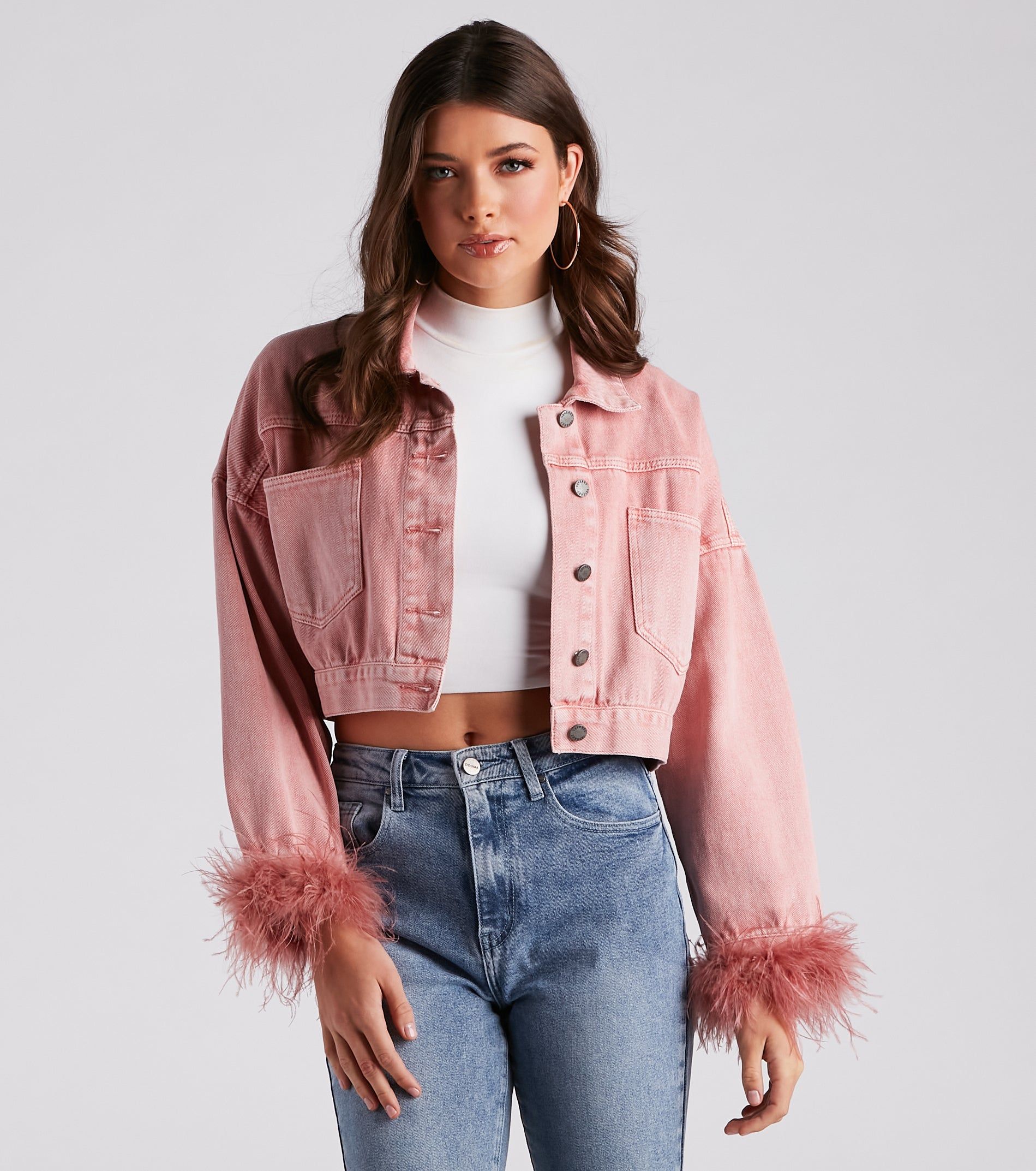 Luxe Touch Marabou Denim Crop Jacket sold by Windsor