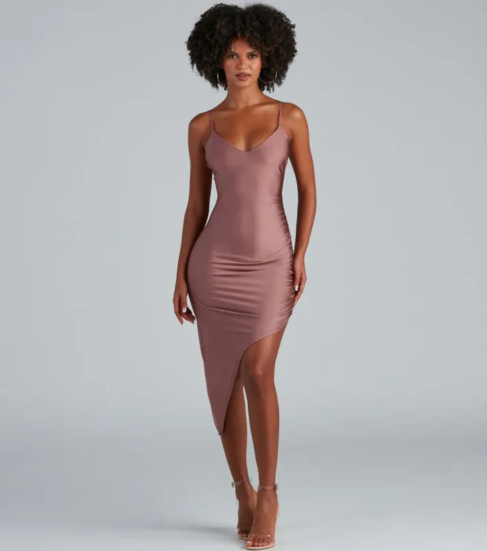 CLEARANCE - Just Flaunt It Satin Asymmetrical Mini Dress sold by Windsor
