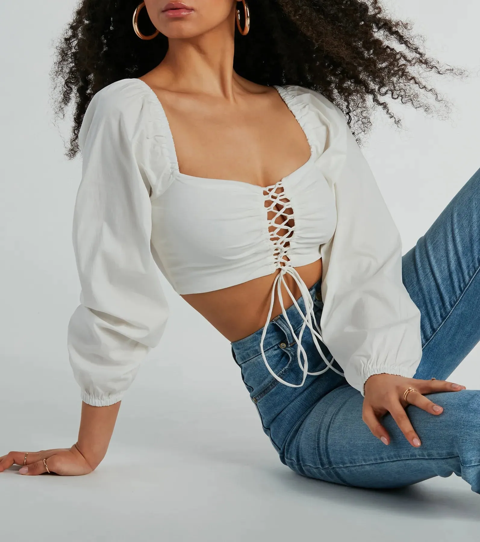 Laced-Up Babe Long Sleeve Crop Blouse sold by Windsor