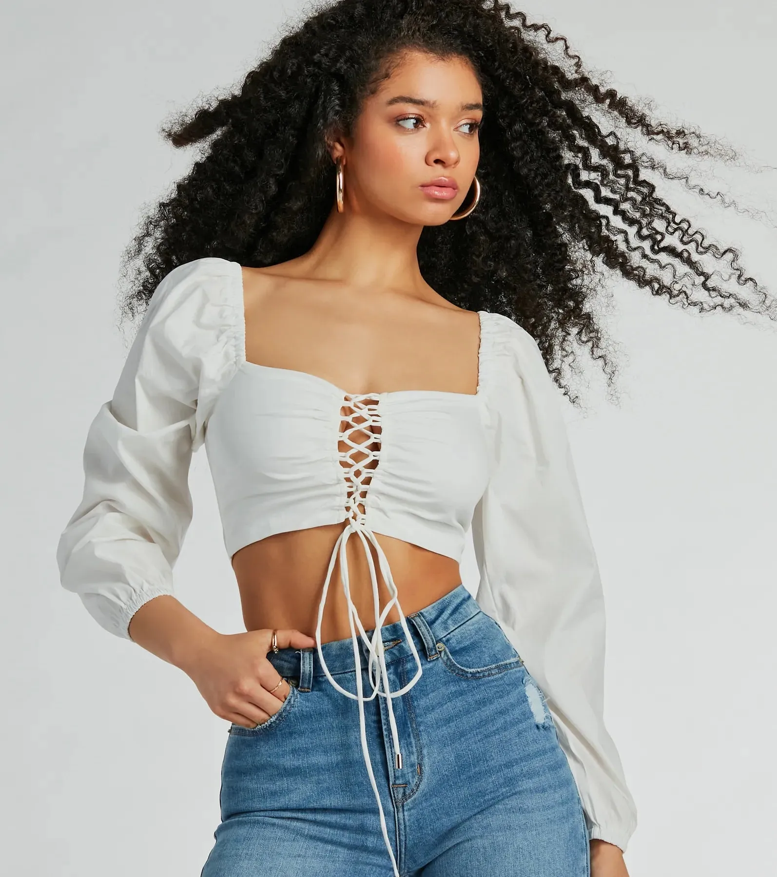Laced-Up Babe Long Sleeve Crop Blouse sold by Windsor product image thumbnail 4