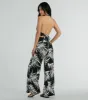 Majorly Tropical Plunge Halter Wide-Leg Jumpsuit sold by Windsor
