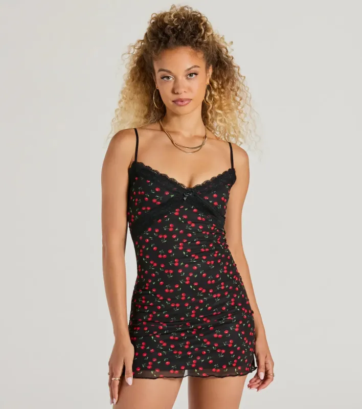 Cherry On Top Lace Trim V-Neck Mesh Mini Dress sold by Windsor