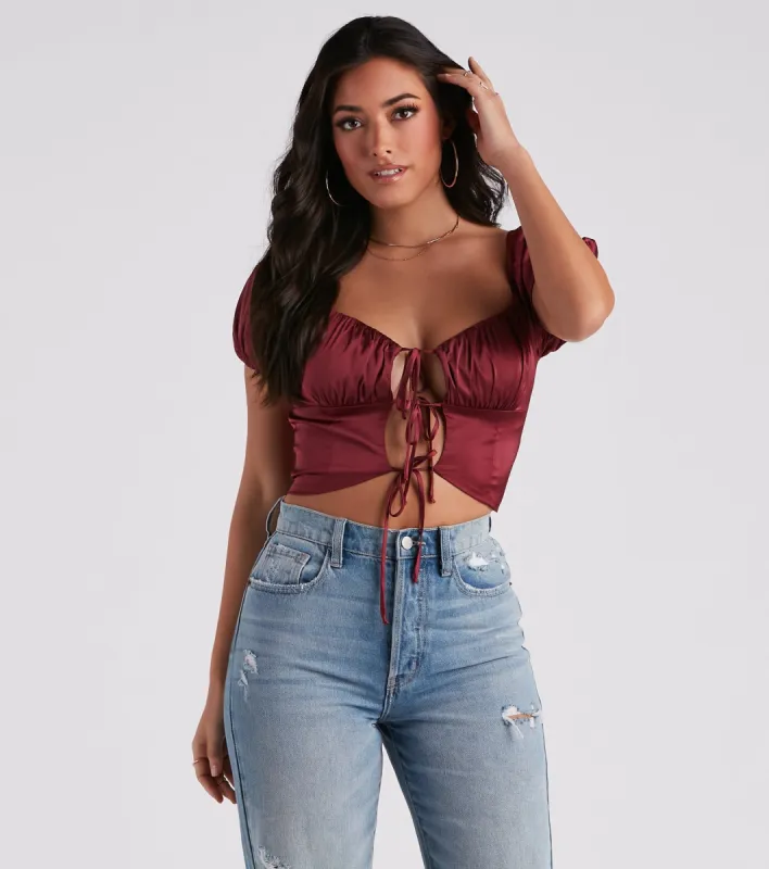 Cute Peek Satin Tie-Front Crop Top sold by Windsor