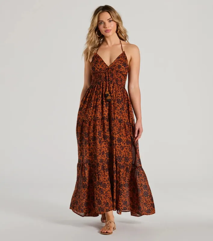 Stunning One Halter V-Neck Ruffle Floral Maxi Dress sold by Windsor