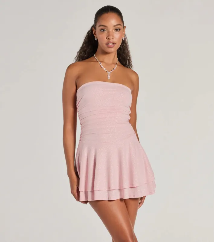 Glittery Impression Strapless Tiered Ruffle Skater Dress sold by Windsor