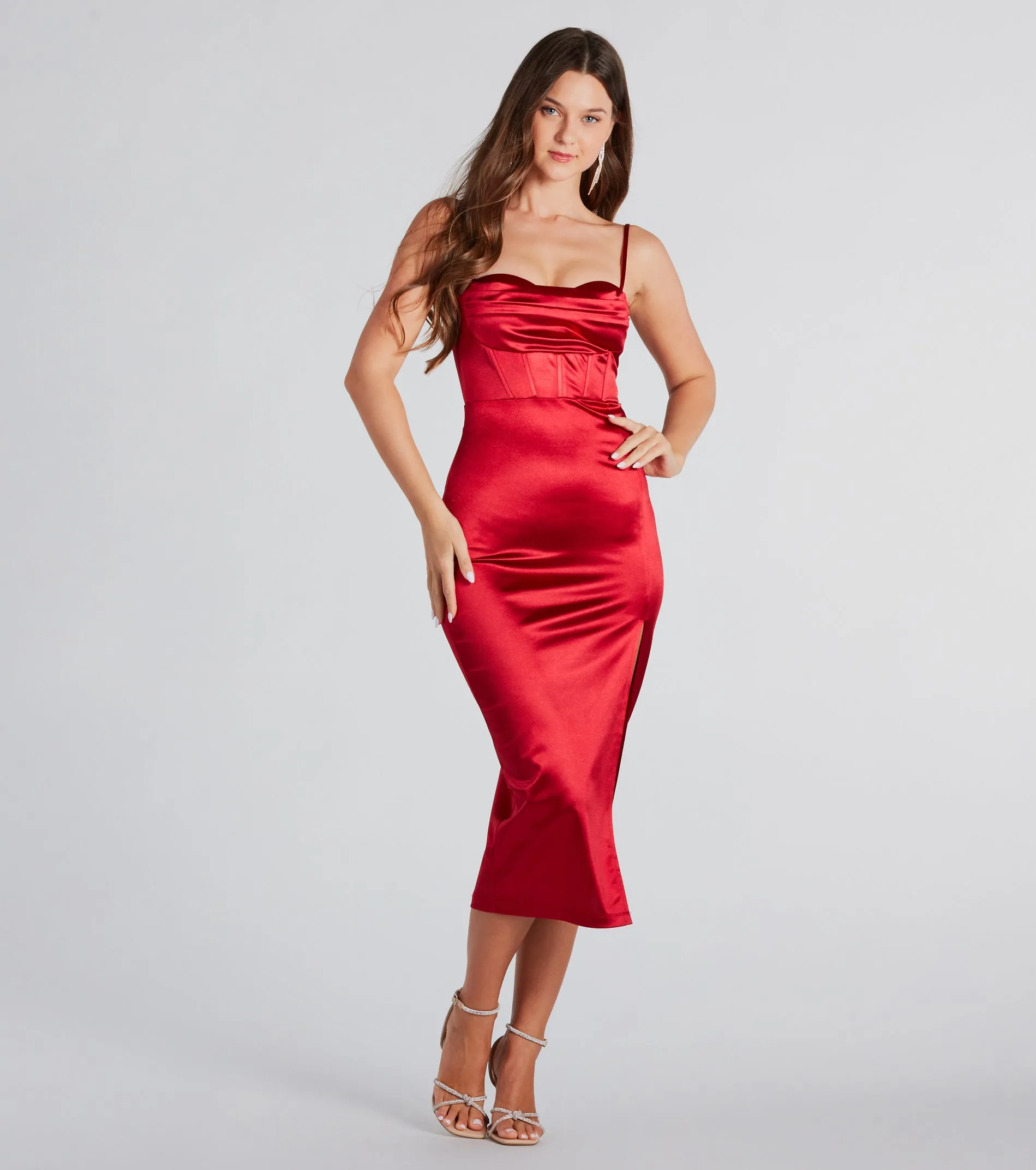CLEARANCE - Alena Formal Satin Cowl Neck Midi Dress sold by Windsor