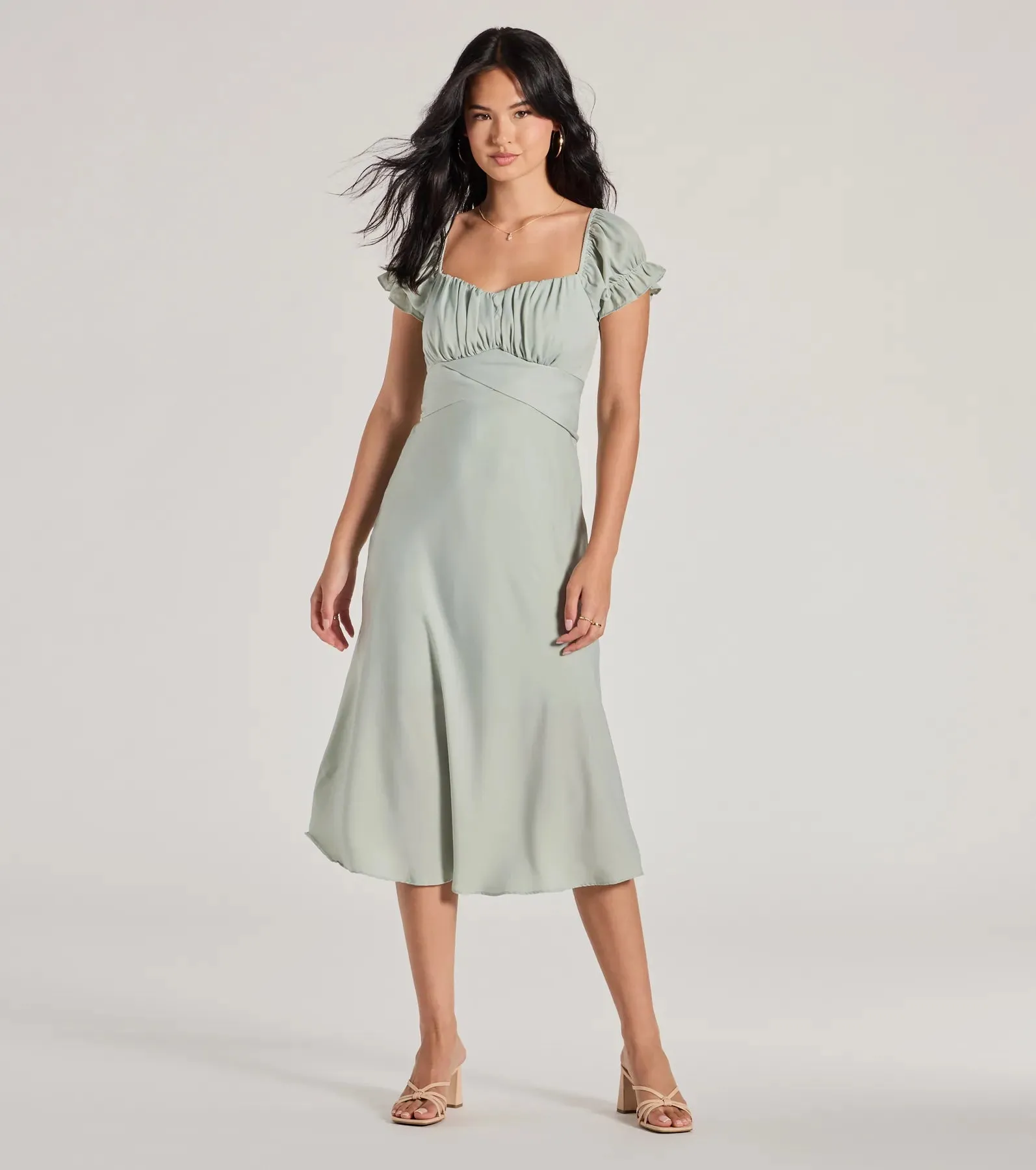 Sure To Adore Puff Sleeve A-Line Midi Dress sold by Windsor
