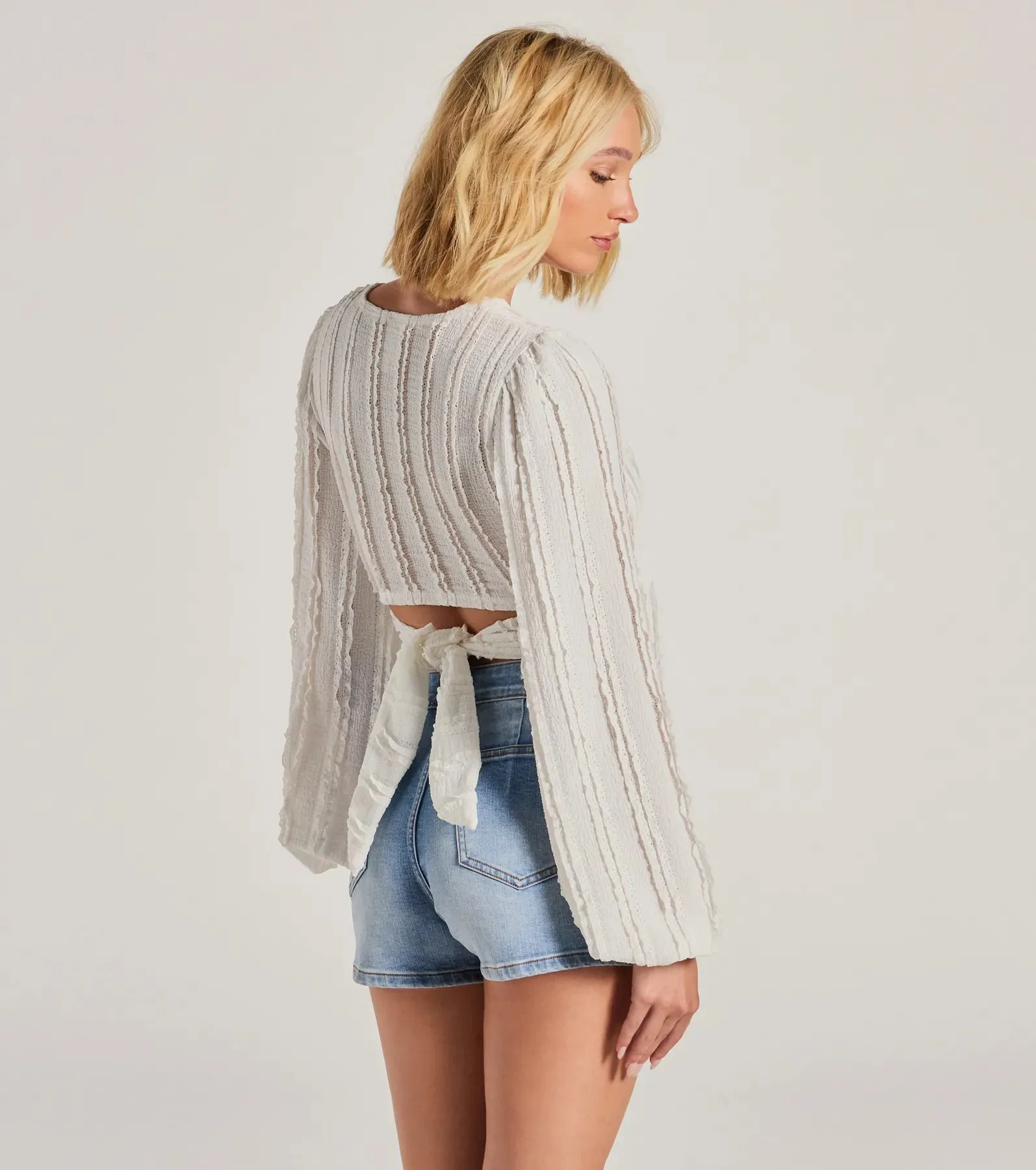 Romance Awaits Long Sleeve Ruffle Lace Trim Crop Top sold by Windsor product image thumbnail 2