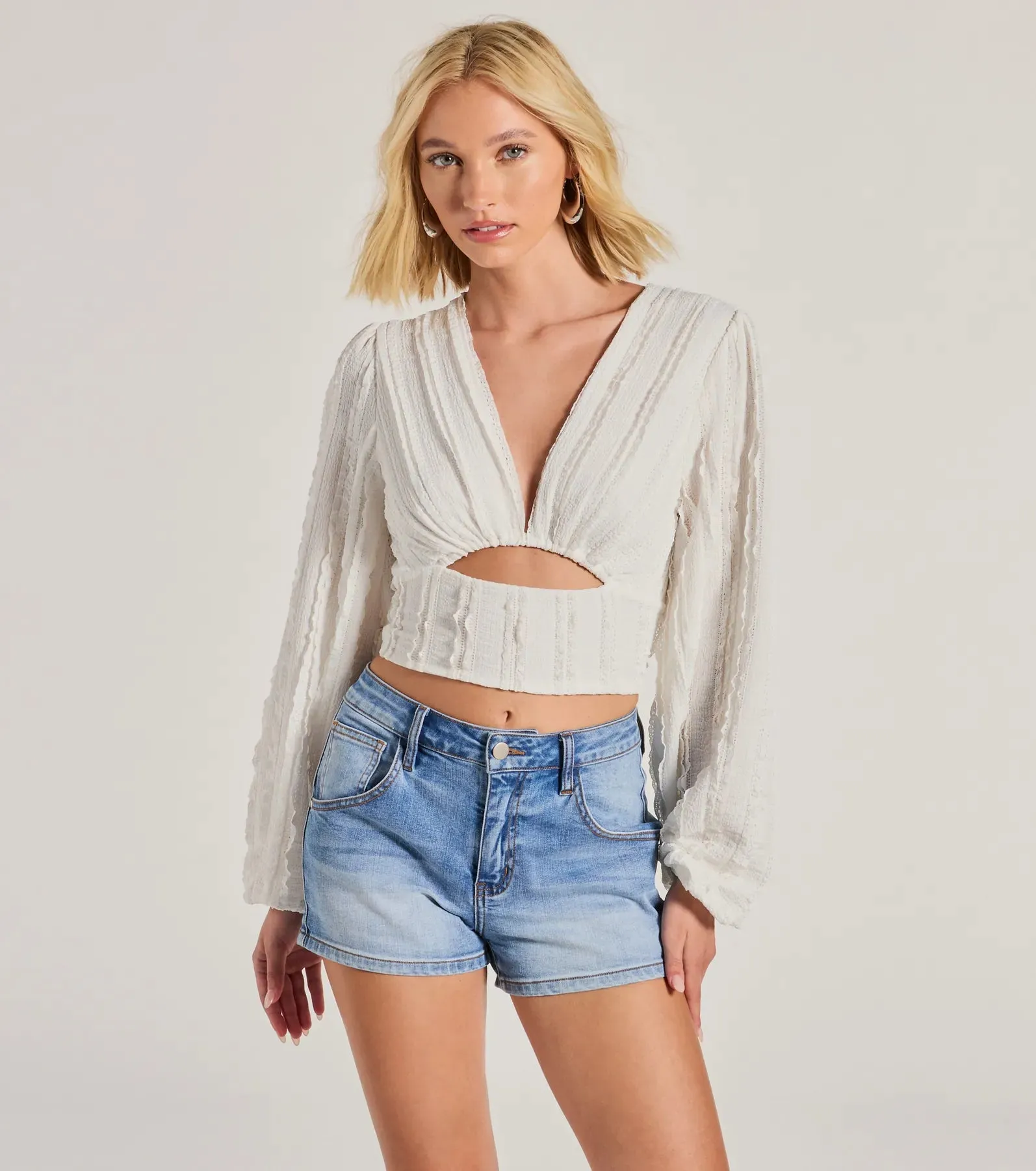 Romance Awaits Long Sleeve Ruffle Lace Trim Crop Top sold by Windsor