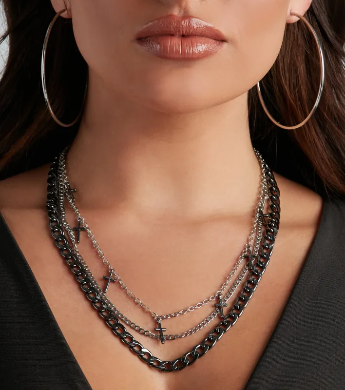 Chic Edge Layered Cross Chain Necklace Set sold by Windsor