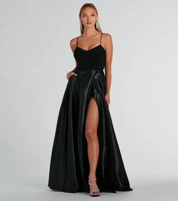 Ammara Cowl Neck Slit A-Line Satin Formal Dress sold by Windsor