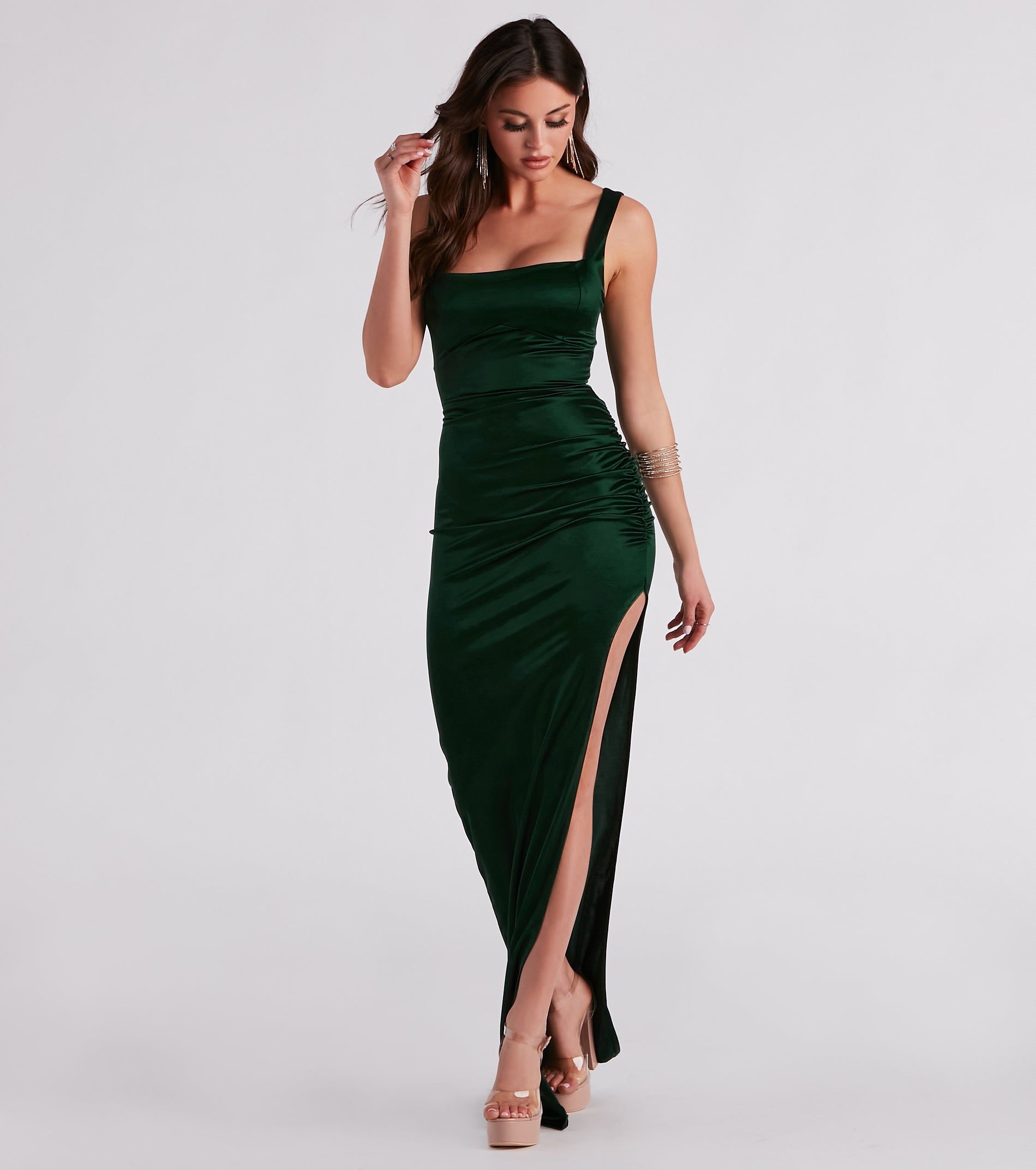Lia Ruched Satin High Slit Formal Dress sold by Windsor product image thumbnail 5