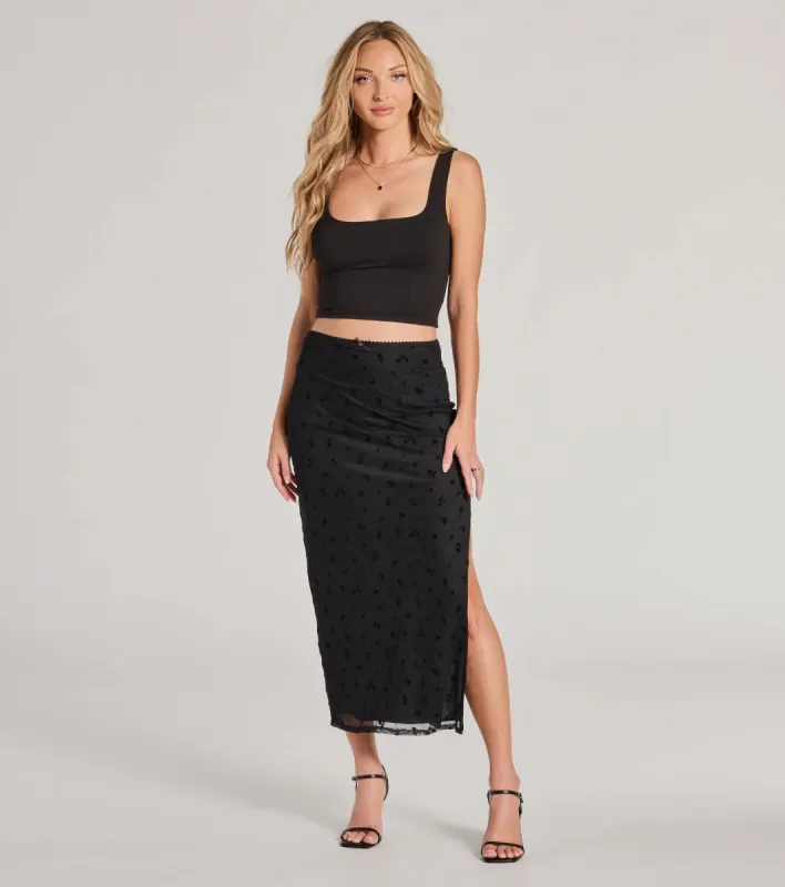 Evening Perfection High-Rise Flocked Floral Maxi Skirt sold by Windsor
