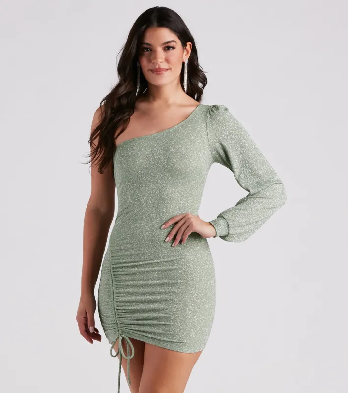 CLEARANCE - Evening Of Sparkle Balloon Sleeve Ruche Mini Dress sold by Windsor