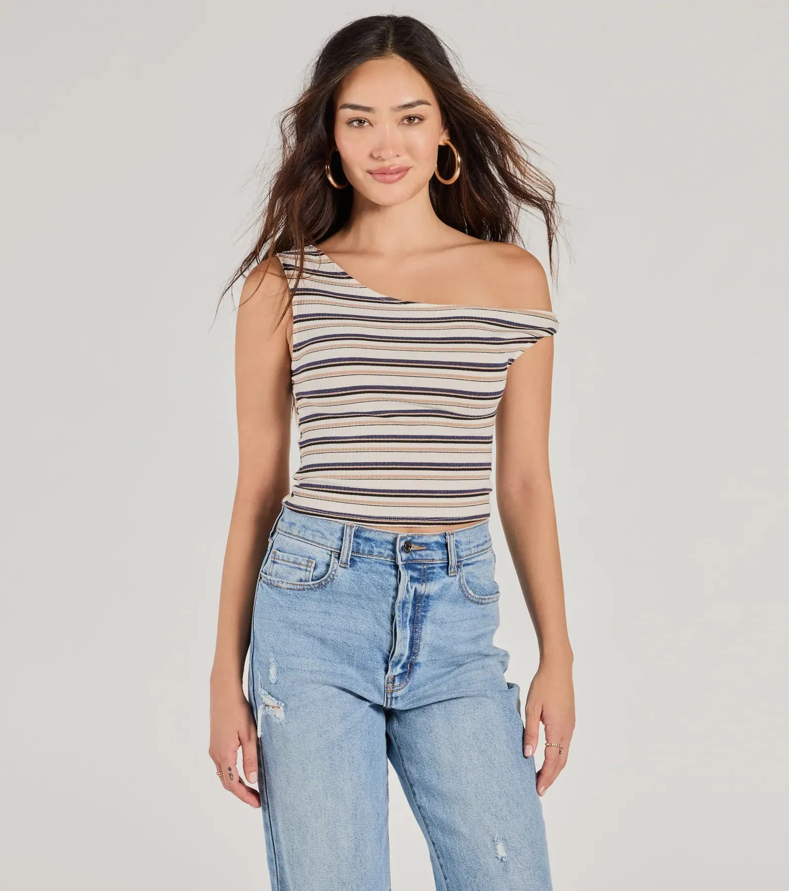 Trendy Twist One-Shoulder Striped Crop Top sold by Windsor