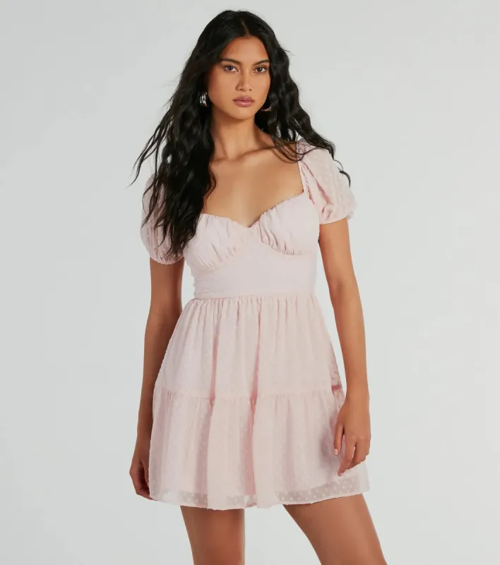 Whimsical Appeal Puff Sleeve Chiffon Skater Dress sold by Windsor