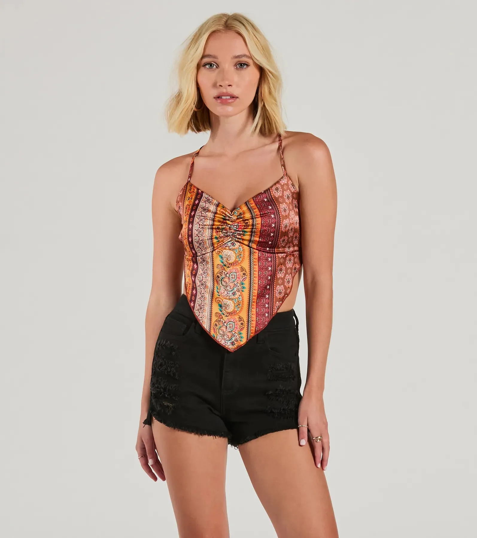 Coastal Love Lace-Up Paisley Satin Crop Top sold by Windsor