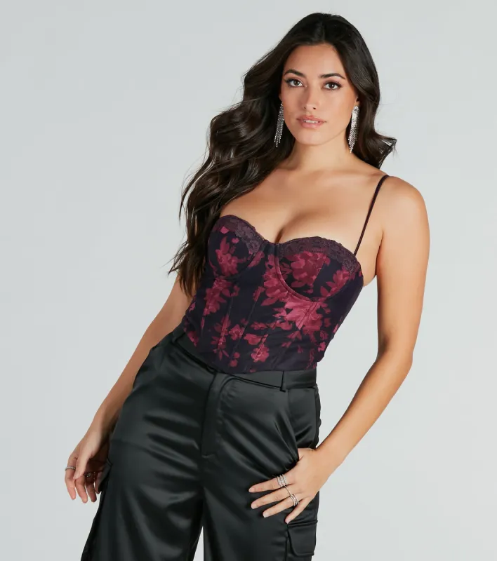 Midnight Bloom Floral Lace-Up Bustier sold by Windsor