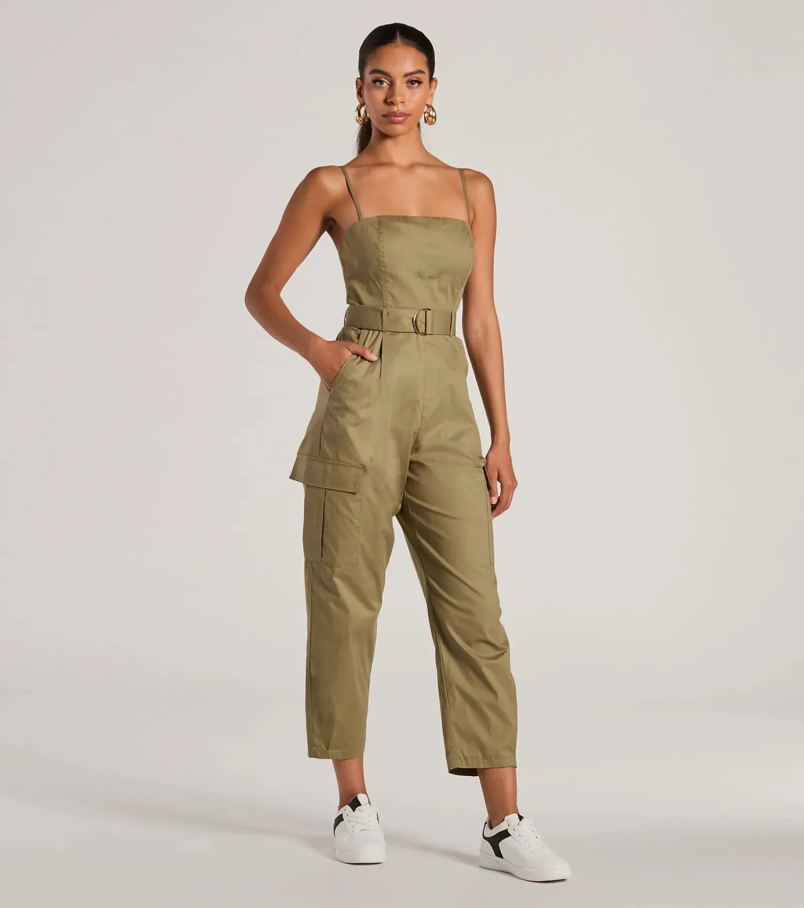 Social Outing Sleeveless Belted Cargo Crop Jumpsuit sold by Windsor product image thumbnail 4