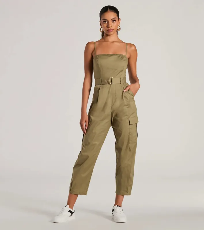 Social Outing Sleeveless Belted Cargo Crop Jumpsuit sold by Windsor