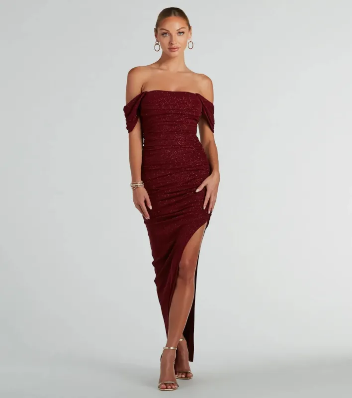 Kairi Off-The-Shoulder Glitter Mesh Formal Dress sold by Windsor