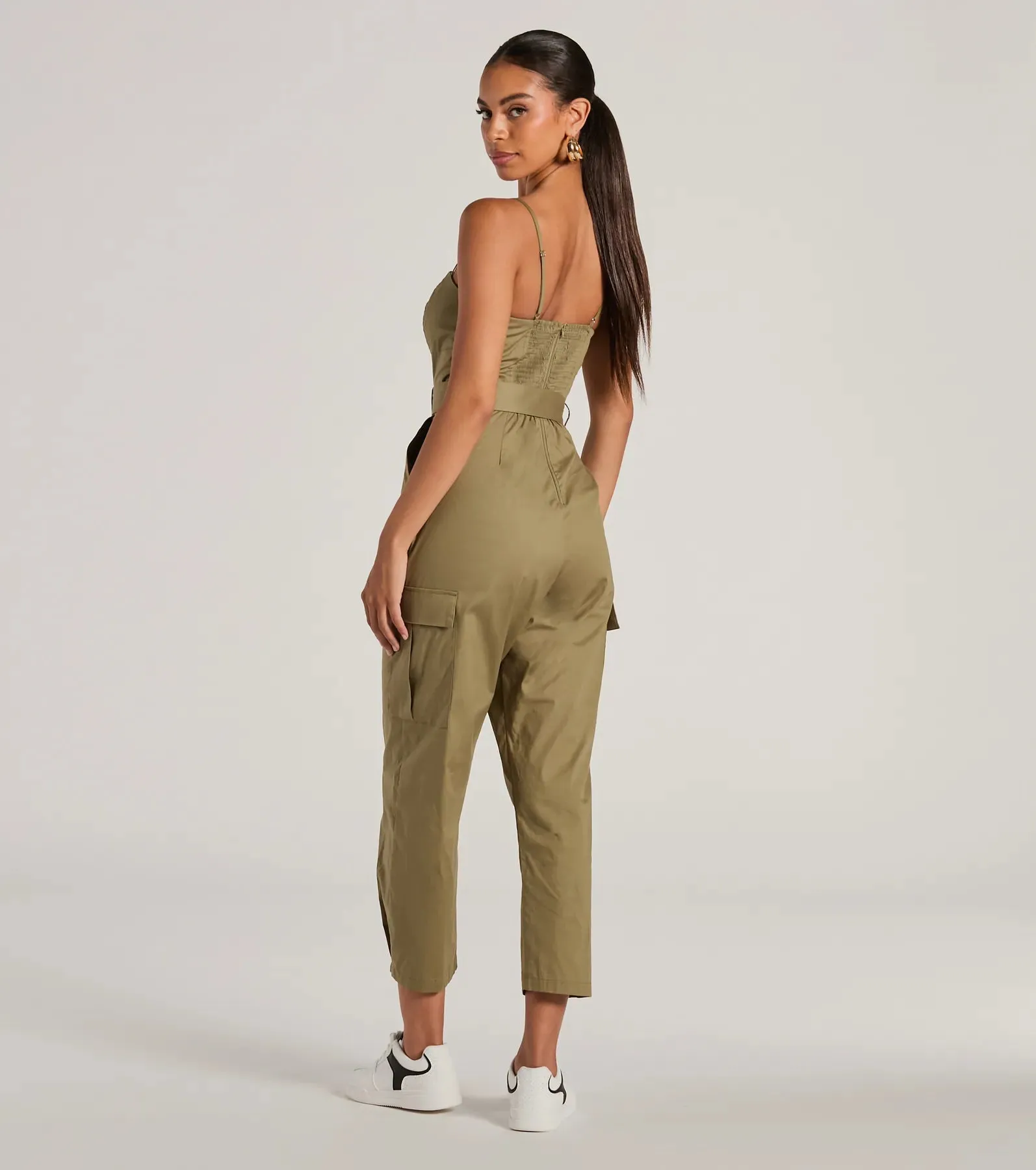 Social Outing Sleeveless Belted Cargo Crop Jumpsuit sold by Windsor product image thumbnail 2