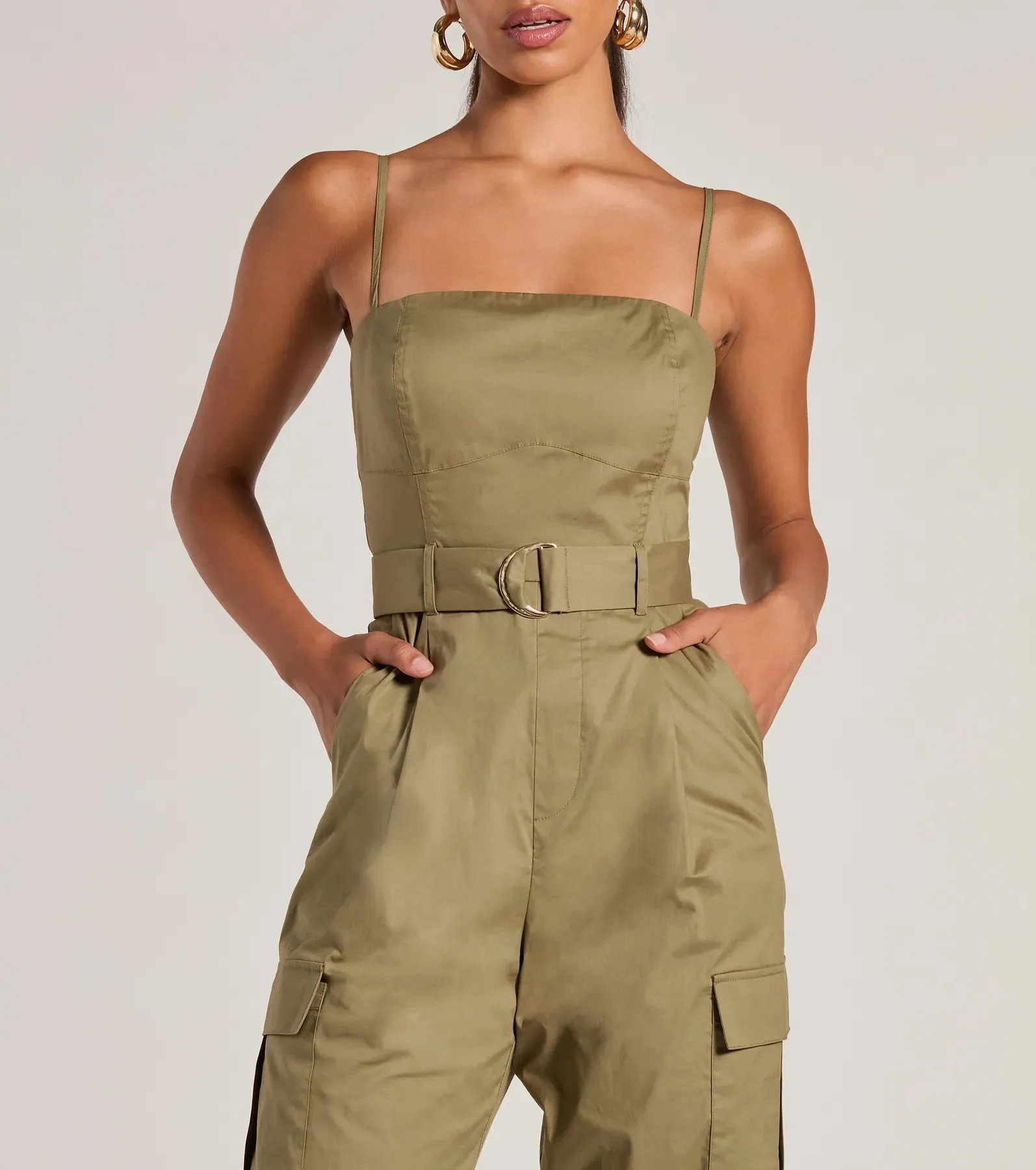 Social Outing Sleeveless Belted Cargo Crop Jumpsuit sold by Windsor product image thumbnail 3