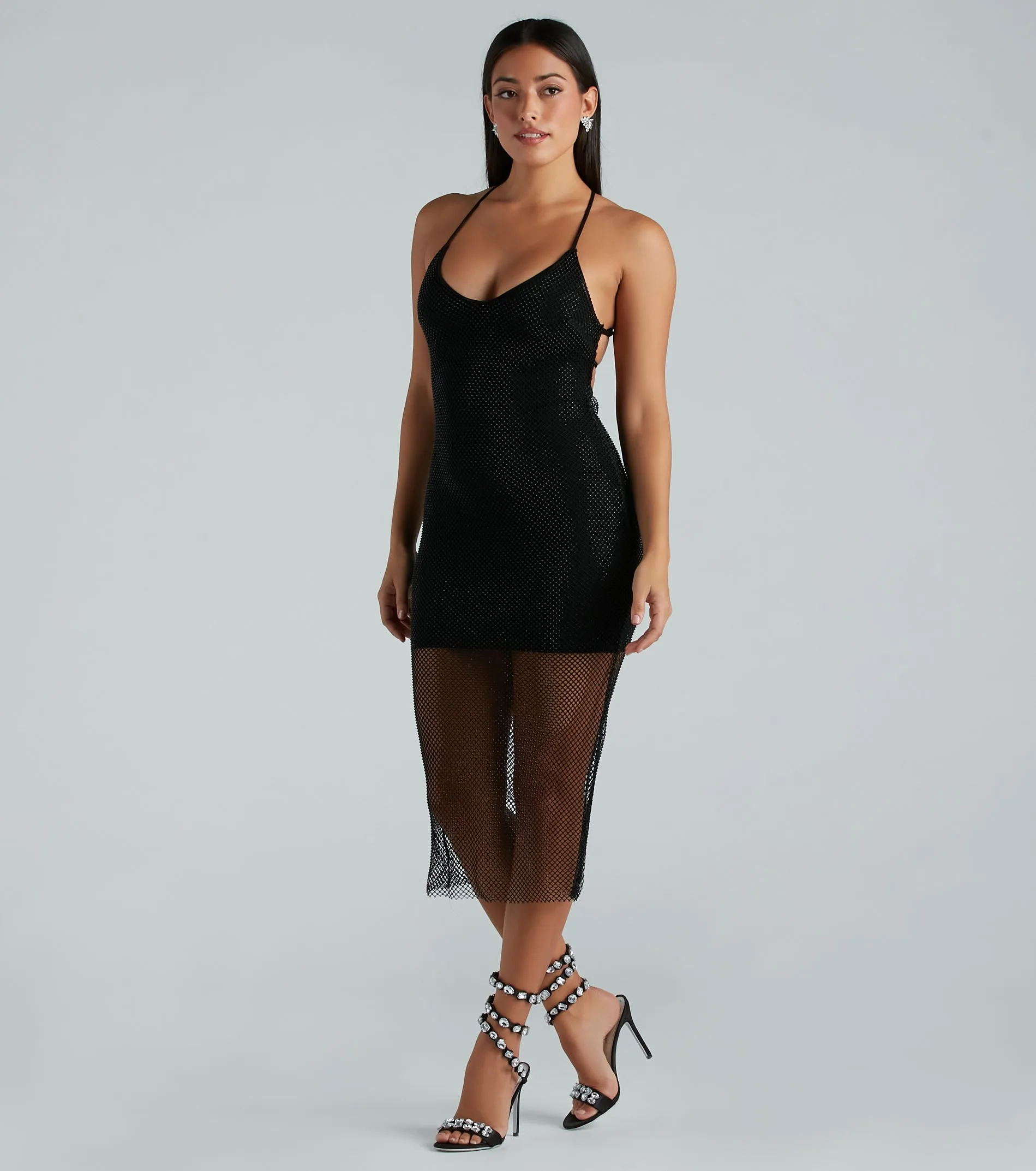 CLEARANCE - Caught In Good Vibes Fishnet Rhinestone Midi Dress sold by Windsor