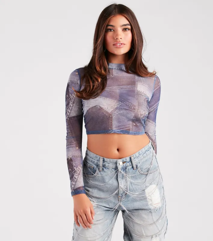 Stretch The Rules Mesh Denim Print Crop Top sold by Windsor