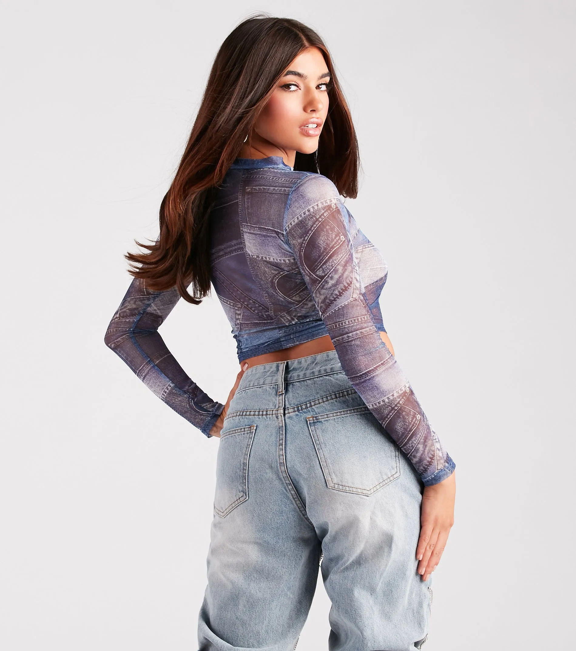 Stretch The Rules Mesh Denim Print Crop Top sold by Windsor product image thumbnail 2