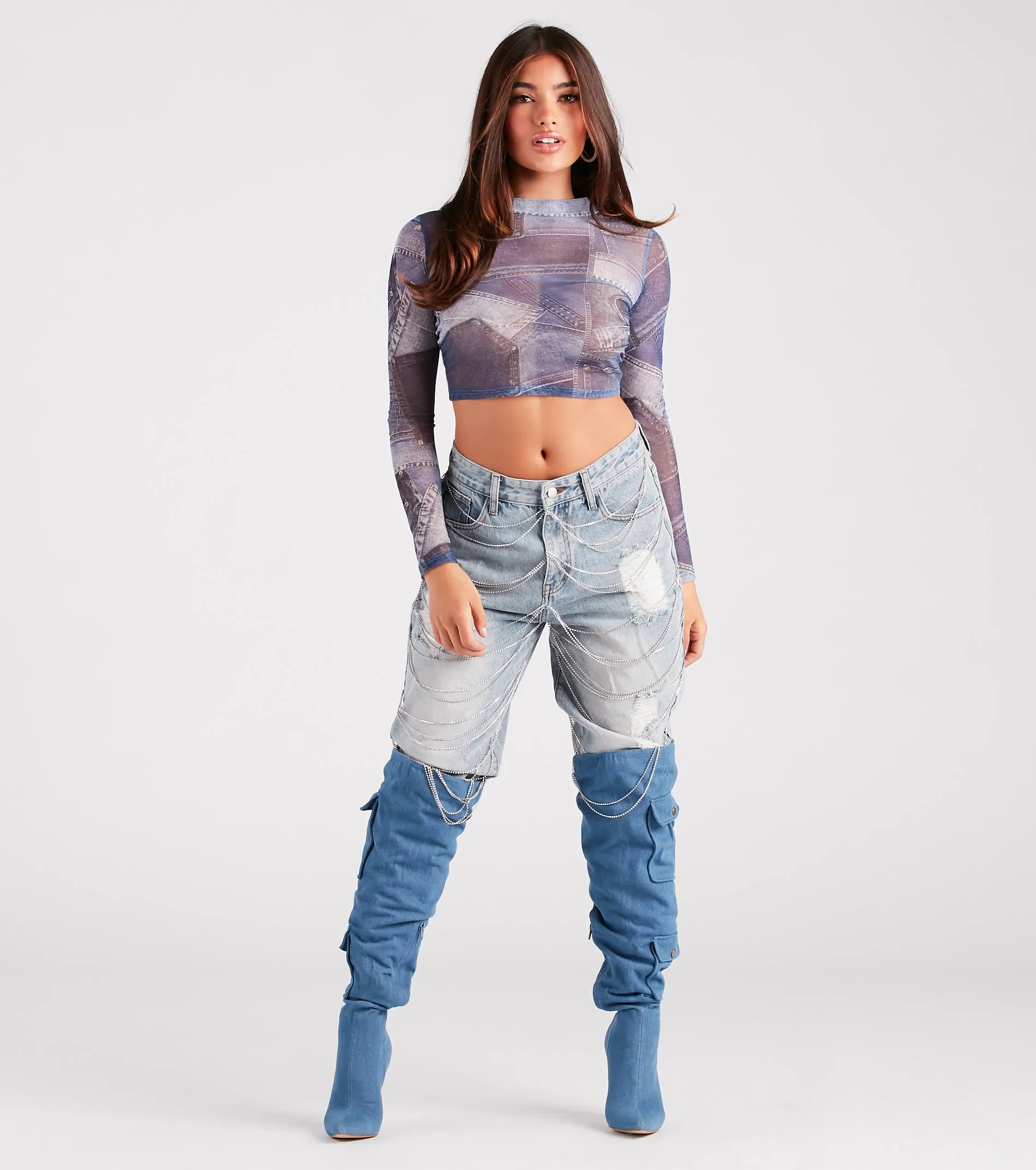 Stretch The Rules Mesh Denim Print Crop Top sold by Windsor product image thumbnail 3