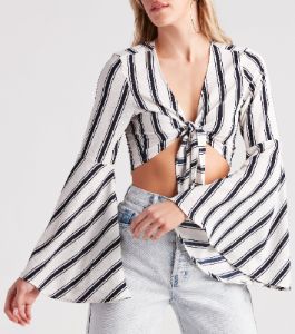 Stripe It Right Crepe Tie-Front Crop Top sold by Windsor