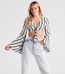 Stripe It Right Crepe Tie-Front Crop Top sold by Windsor