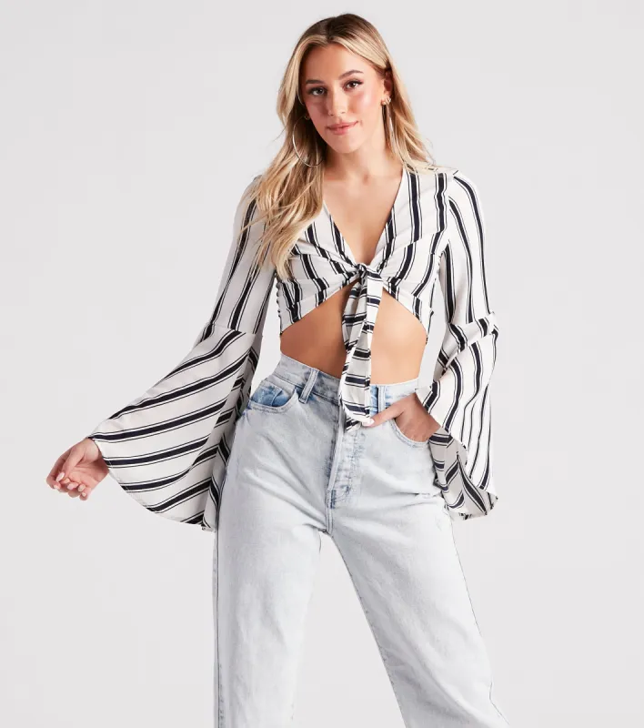 Stripe It Right Crepe Tie-Front Crop Top sold by Windsor