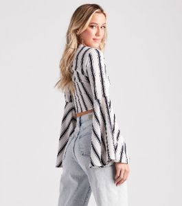 Stripe It Right Crepe Tie-Front Crop Top sold by Windsor