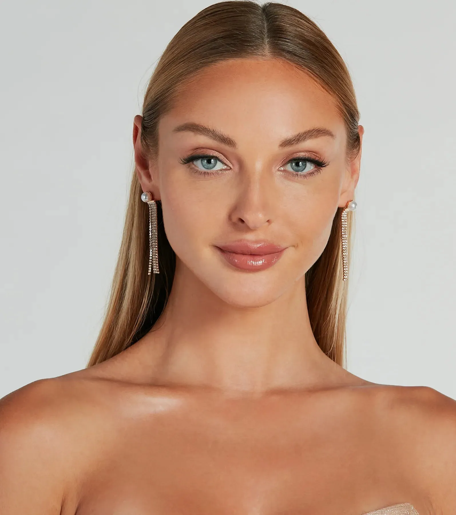 Tasteful Trend Faux Pearl Rhinestone Fringe Earrings sold by Windsor