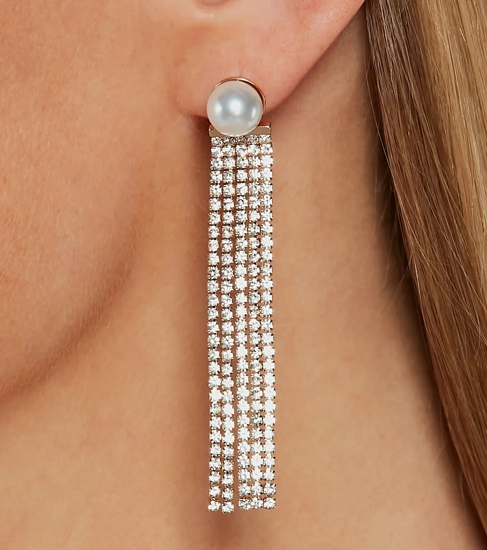 Tasteful Trend Faux Pearl Rhinestone Fringe Earrings sold by Windsor product image thumbnail 2