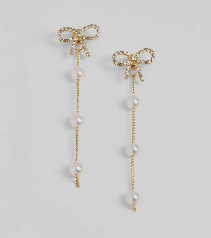Precious Chic Bow Rhinestone Faux Pearl Earrings sold by Windsor