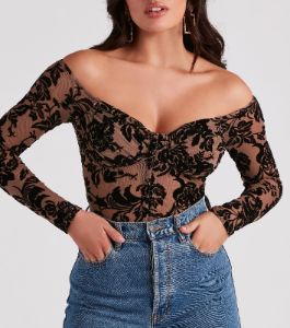 Regal Affair Flocked Velvet Bodysuit sold by Windsor