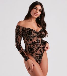 Regal Affair Flocked Velvet Bodysuit sold by Windsor