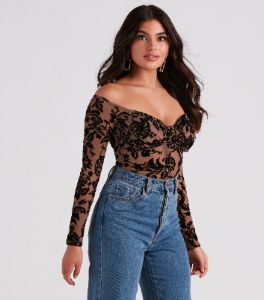 Regal Affair Flocked Velvet Bodysuit sold by Windsor