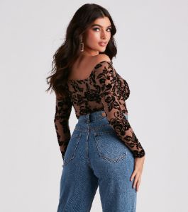 Regal Affair Flocked Velvet Bodysuit sold by Windsor