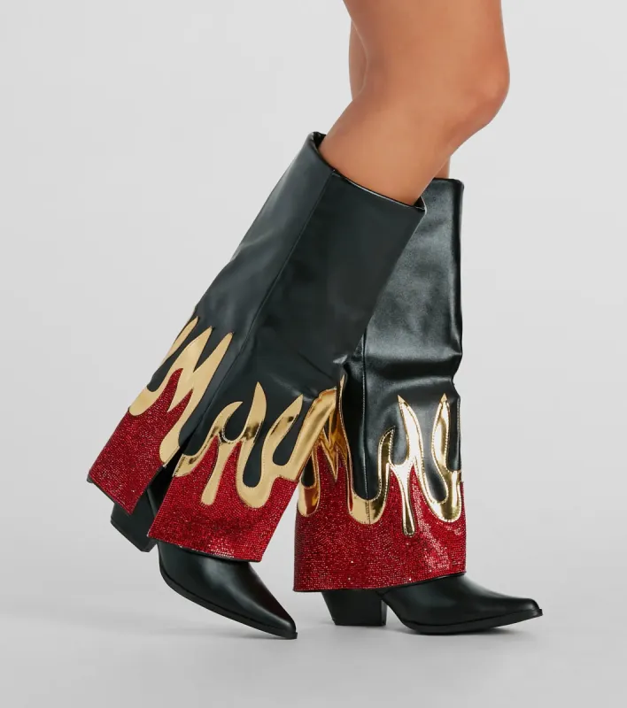 Too Hot To Handle Rhinestone Flame Fold-Over Boots sold by Windsor
