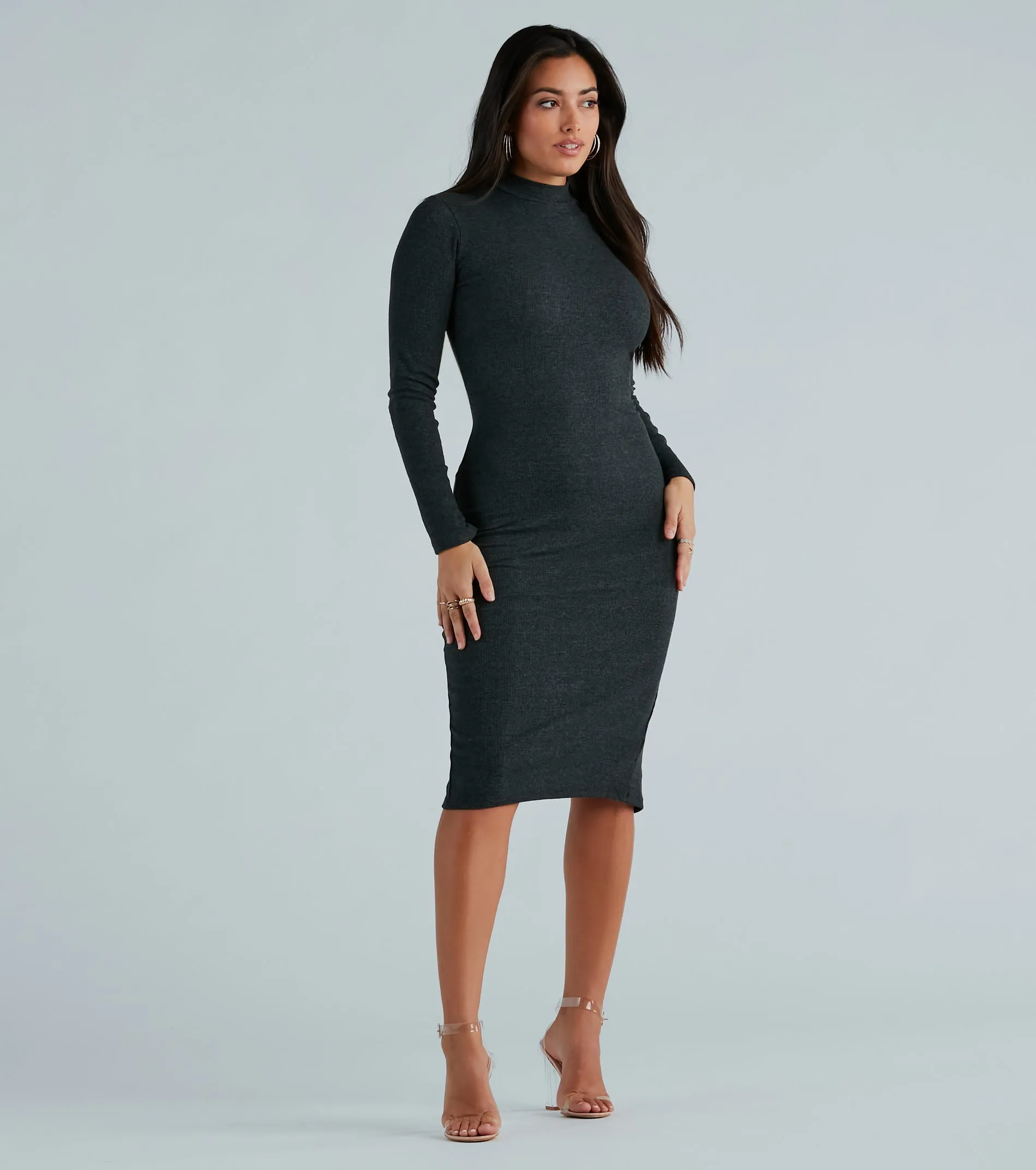 CLEARANCE - Good Looks Mock Neck Long Sleeve Midi Dress sold by Windsor