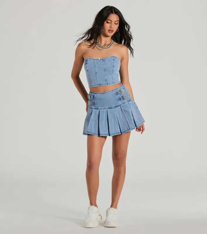 Flirty Duo High-Rise Buckle Pleated Denim Mini Skirt sold by Windsor